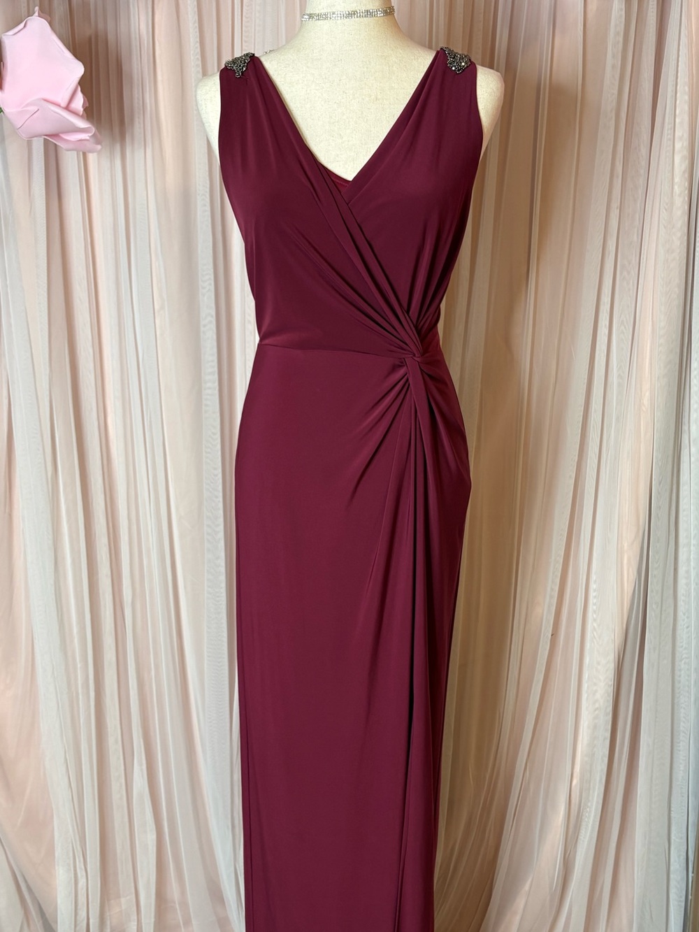 Alex Evenings Burgundy Sleeveless V-Neck Maxi Dress with Side Knot
